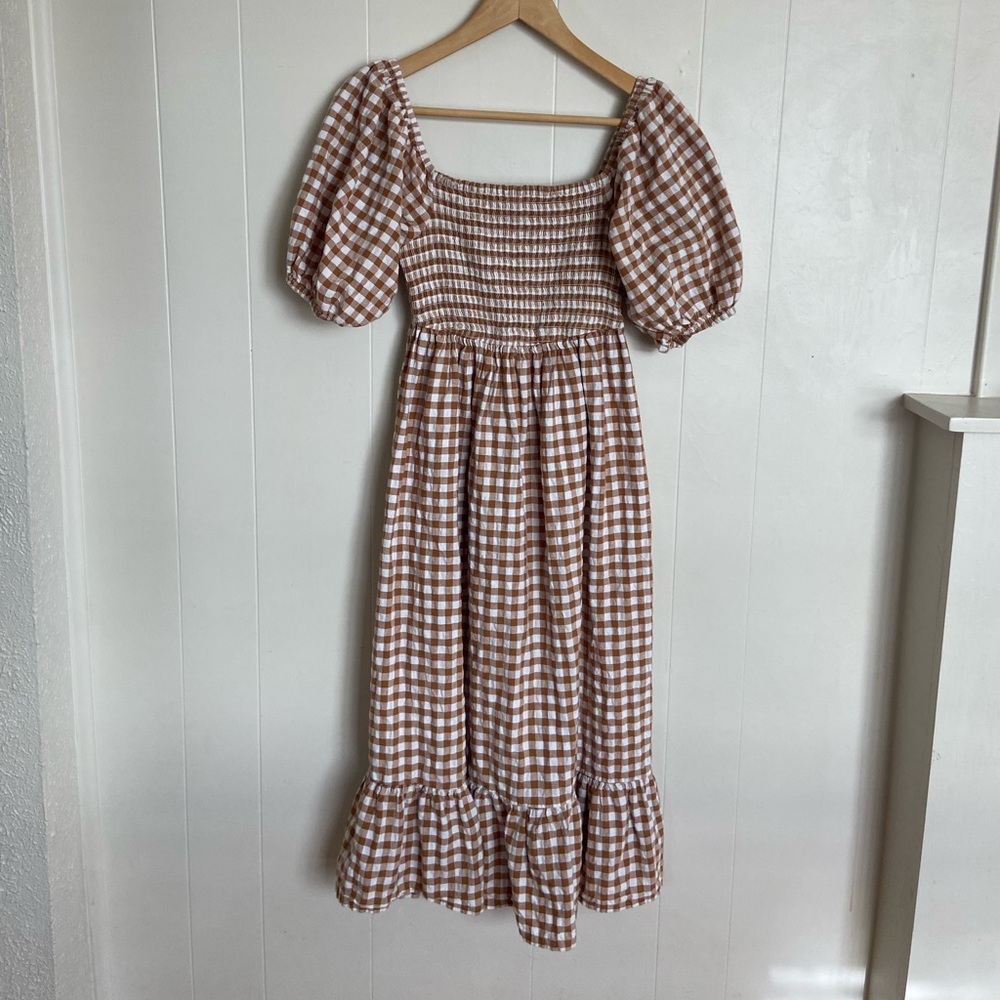 Brown Gingham Smocked Spring Dress